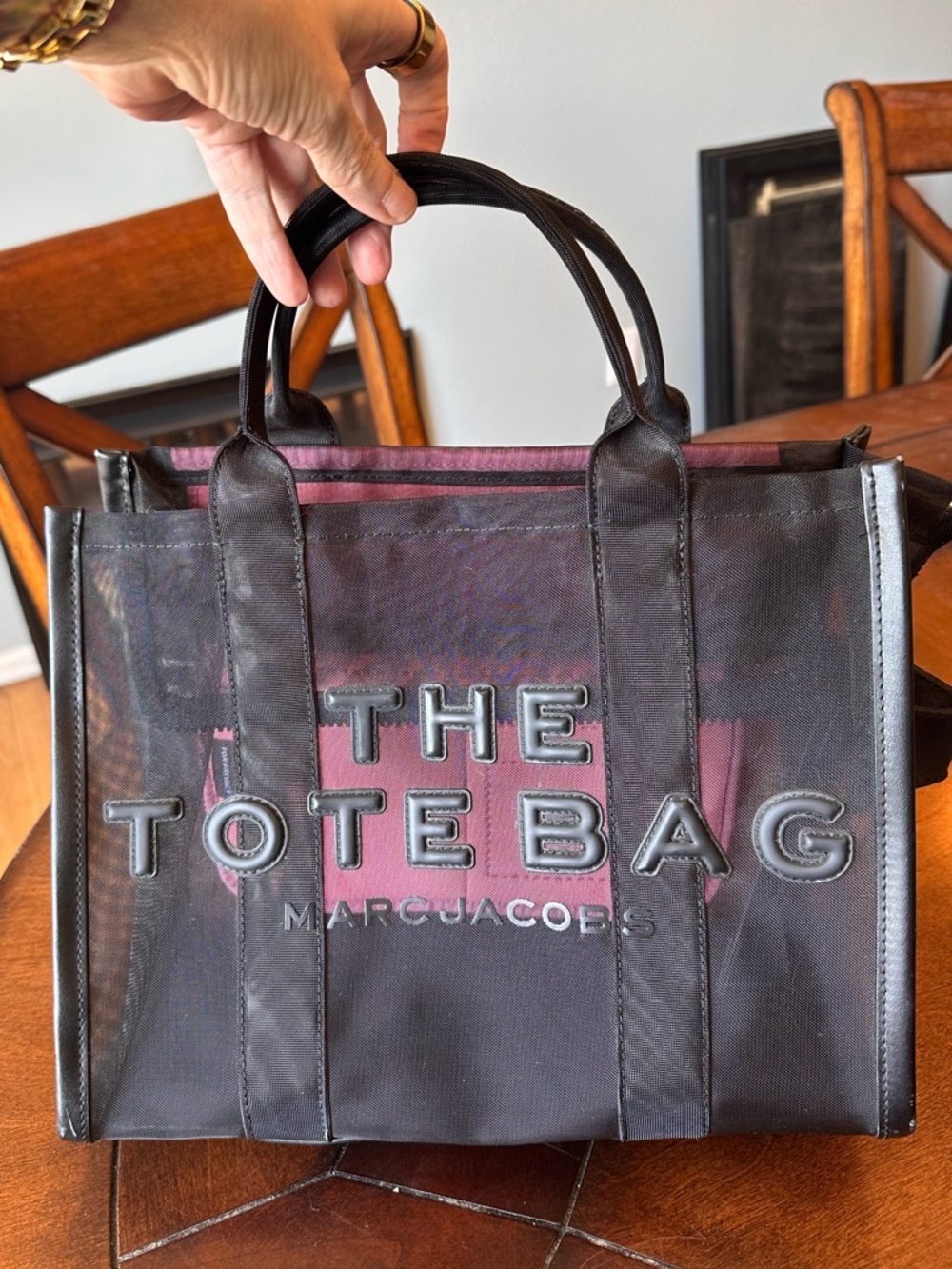 Gorgeous Marc Jacobs Black Mesh The Tote Bag with Pink Interior